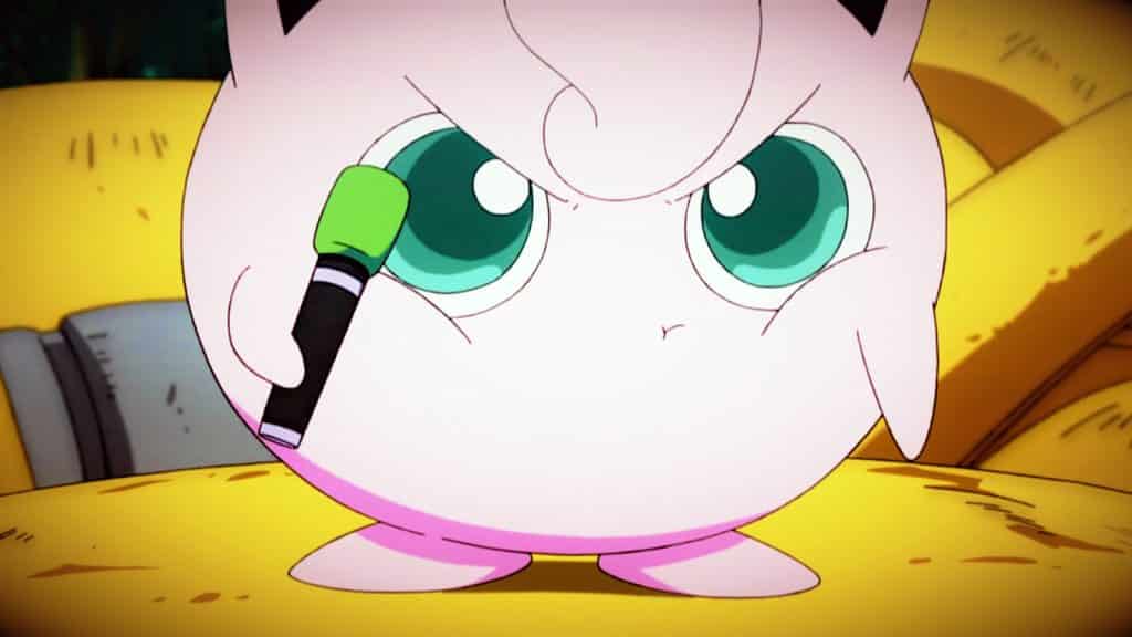 Jigglypuff en colère chantant dans le dessin animé Pokemon