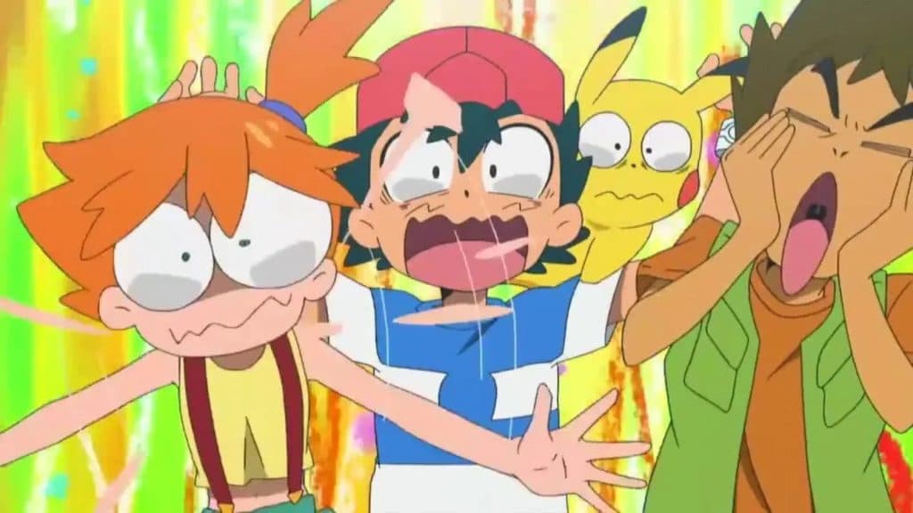 Ash, Misty, Brock et Pikachu avec des expressions choquées dans l’anime Pokémon Soleil & Lune