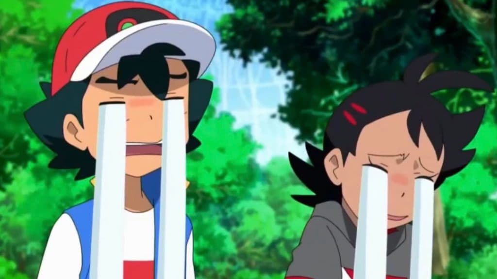 Ash et Goh pleurant dans l'anime Pokémon